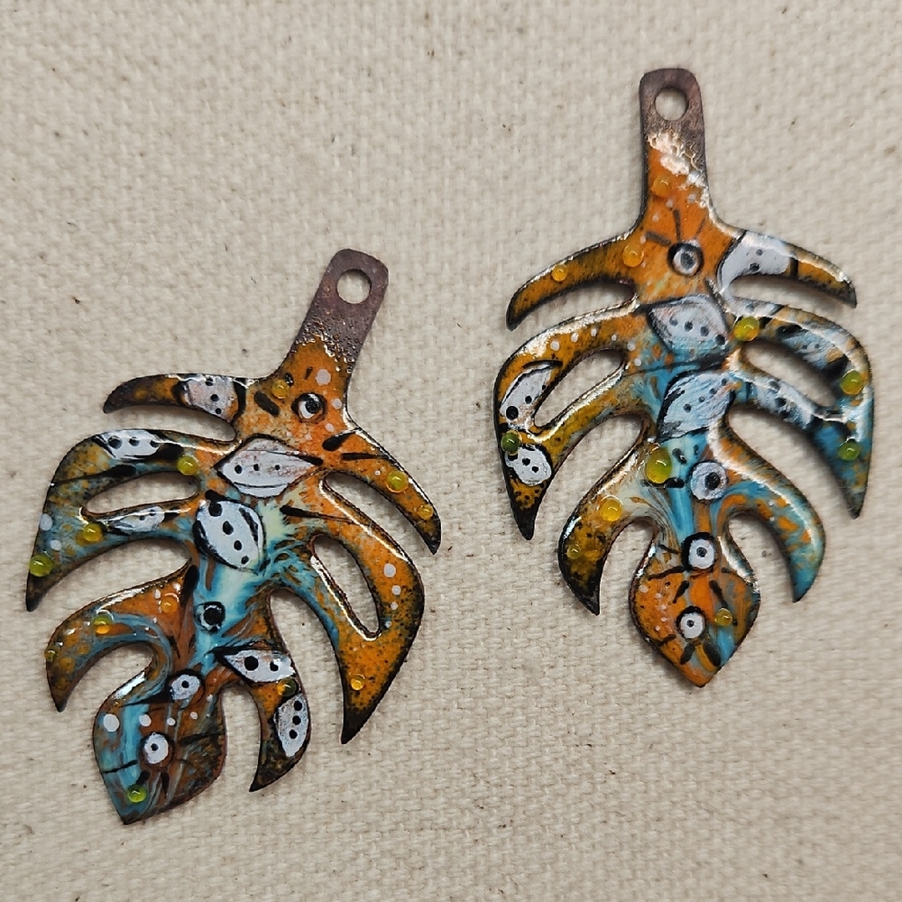 Expertly Crafted Enamel Copper Monstera Leaf Leaves Earring Charms